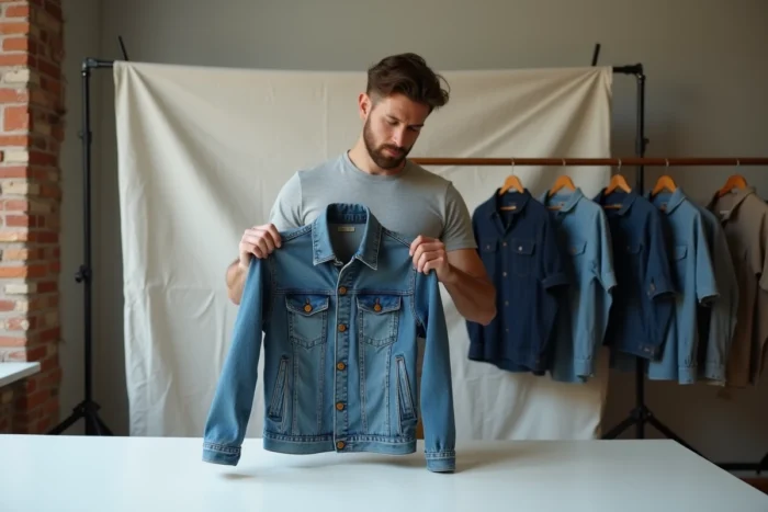 Homme inspectant une veste en jean vintage pour la vendre sur une plateforme de revente de vêtements en ligne
