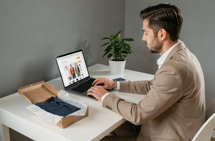 Homme faisant du shopping en ligne sur un ordinateur portable dans un appartement moderne et épuré