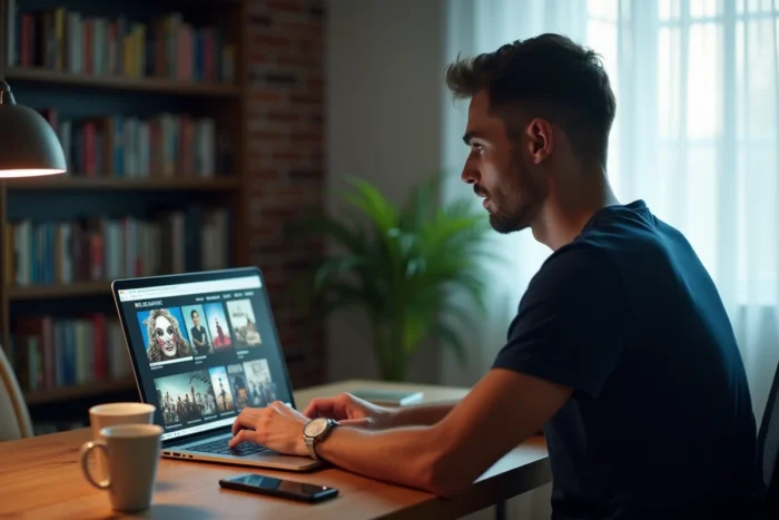 Homme consultant un site de streaming de films sur son ordinateur portable dans un bureau à domicile