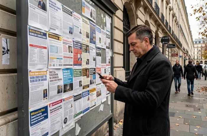 Homme consultant un tableau d'offres d'emploi en ville dans un centre urbain français