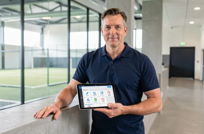Homme utilisant une tablette pour naviguer sur le plan du site Soyez Sport dans un centre sportif moderne