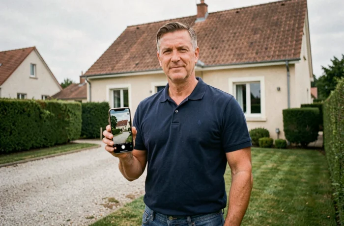 Homme debout devant sa maison tenant un smartphone affichant une vue satellite de sa propriété