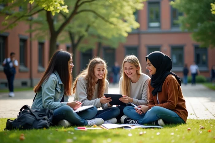 Groupe d'adolescents diversifiés travaillant ensemble de manière inclusive dans une cour d'école