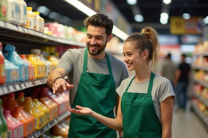 Femme avec trisomie 21 intégrée dans un environnement de travail inclusif en épicerie