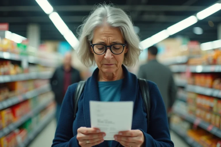 Femme inquiète examinant un reçu de caisse dans un supermarché, illustrant l'impact de l'inflation sur le pouvoir d'achat des ménages