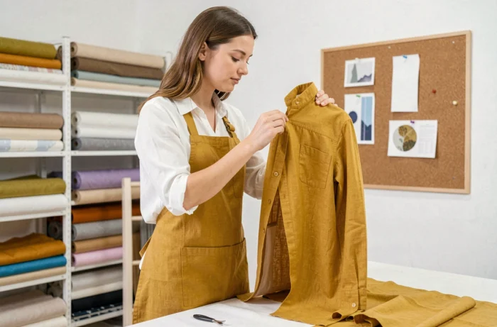 Jeune femme inspectant une boutonnière cousue à la main sur un panneau de tissu dans un atelier de couture lumineux