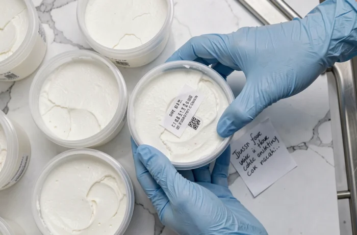 Inspection de sécurité alimentaire de pots de fromage blanc avec date de péremption visible sur marbre blanc