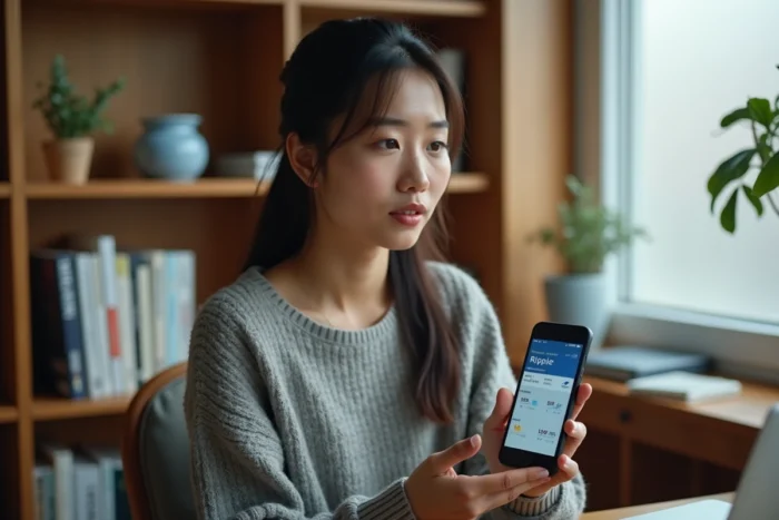 Femme investisseuse analysant une application de comparaison entre Ripple et Bitcoin sur son smartphone depuis un bureau à domicile
