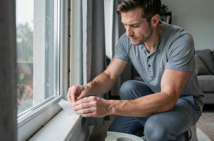 Un homme pose des joints adhésifs d'isolation sur le cadre d'une fenêtre pour réduire les pertes de chaleur