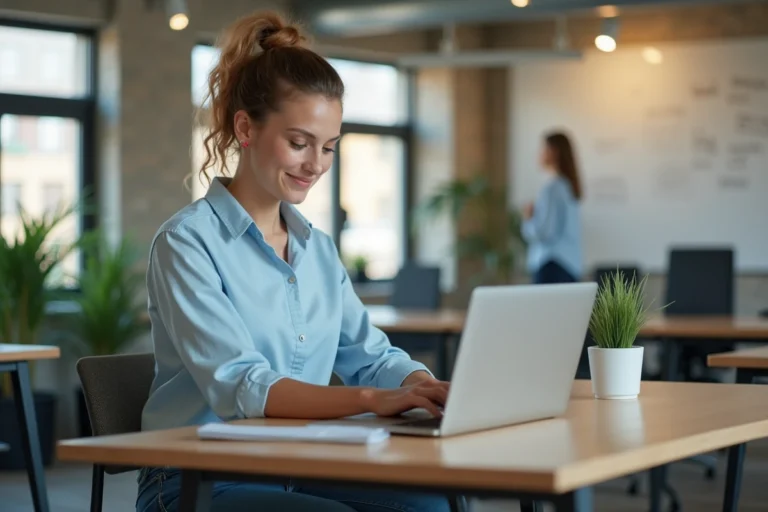 Jeune femme explorant les services de la plateforme Jeune et Actif sur son ordinateur portable dans un espace de coworking moderne