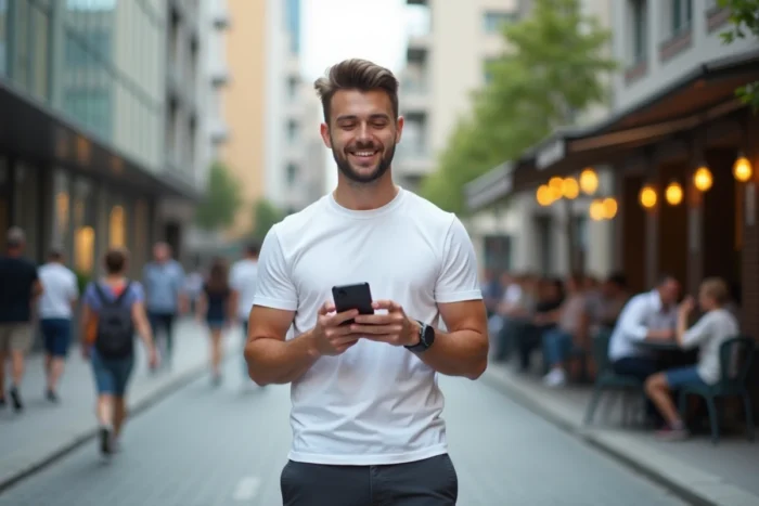 Jeune homme actif consultant les services de Jeune et Actif sur son smartphone dans un environnement urbain dynamique