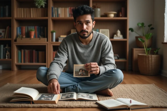 Jeune homme explorant des albums photo et archives familiales posés sur le sol d'une pièce chaleureuse
