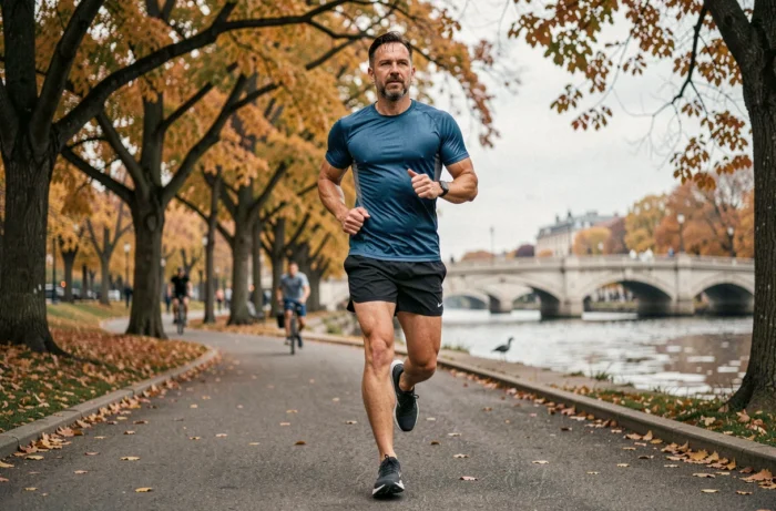 Homme faisant du jogging en plein air dans un parc automnal dans le cadre d'un programme de perte de poids efficace