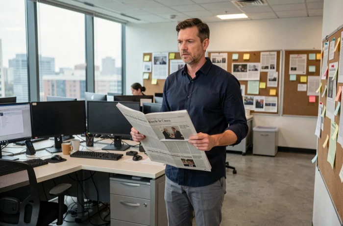 Journaliste homme tenant un journal dans une salle de rédaction moderne avec écrans et tableau éditorial