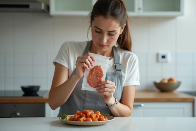 Femme inspectant un paquet de lardons périmés dans une cuisine moderne, vérifiant la date de péremption et l'aspect du produit