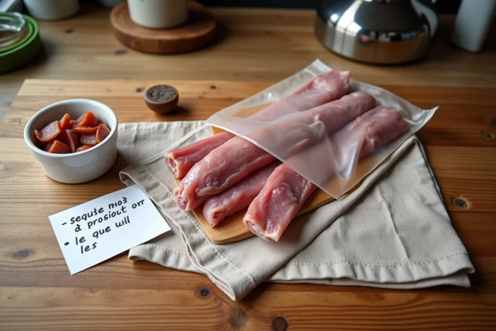 Vue de dessus d'un bol de lardons avariés aux côtés d'un emballage gonflé et d'une fiche de signes de péremption sur une table en bois