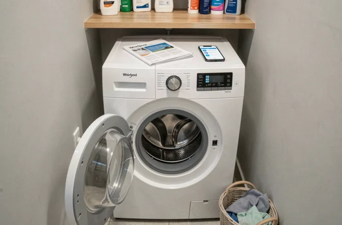 Lave-linge Whirlpool 6th Sense 9kg avec notice et smartphone affichant des codes erreur sur le dessus