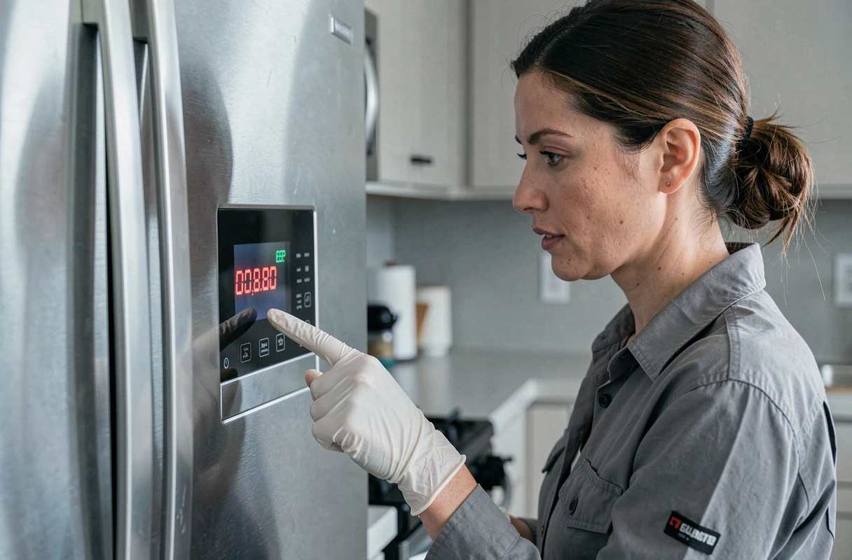 Technicienne lisant un code d'erreur affiché sur le bandeau de commande numérique d'un frigo américain