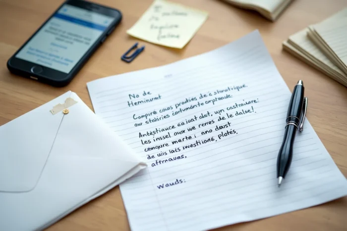 Vue de dessus d'un bureau avec une lettre de signalement manuscrite adressée à l'inspection académique et un smartphone