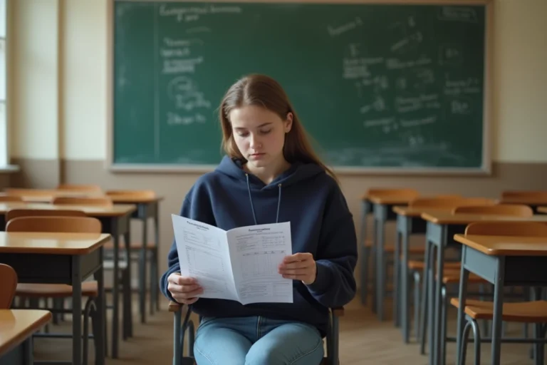Lycéenne consultant son bulletin scolaire pour vérifier ses moyennes en vue d'une admission en bac pro commerce