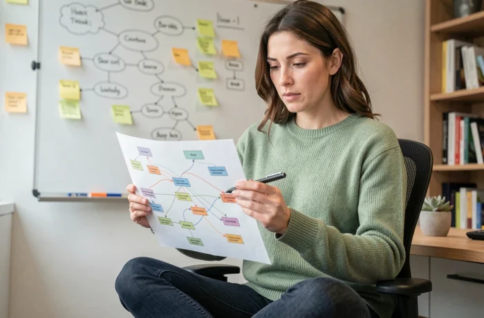 Une stratège de contenu tenant un plan de maillage interne imprimé avec des flèches reliant les pages d'un site