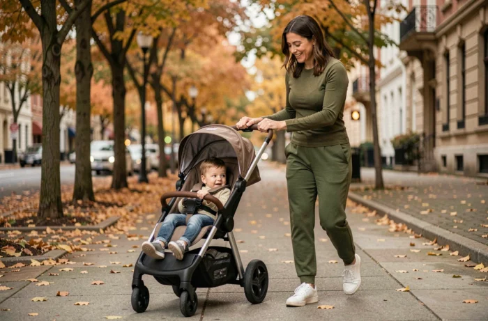 Maman active promenant son enfant en poussette dans une rue urbaine aux couleurs d'automne