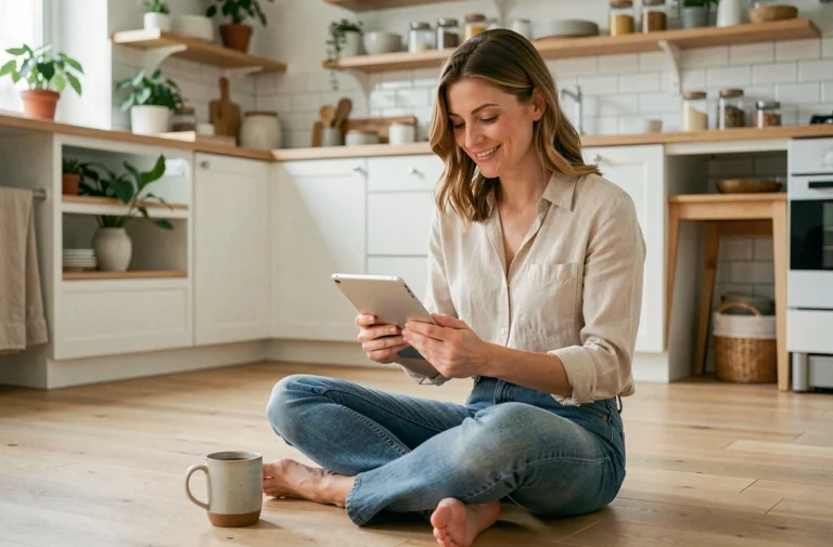 Maman moderne en tenue décontractée consultant des conseils parentaux sur une tablette dans une cuisine scandinave épurée