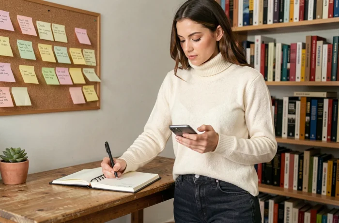 Maman organisée planifiant son quotidien dans un bureau à domicile chaleureux avec agenda et smartphone