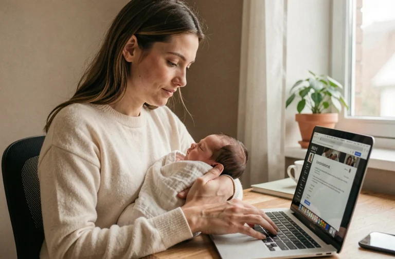 Jeune mère tenant son bébé tout en consultant le site de Pause Bébé sur un ordinateur portable