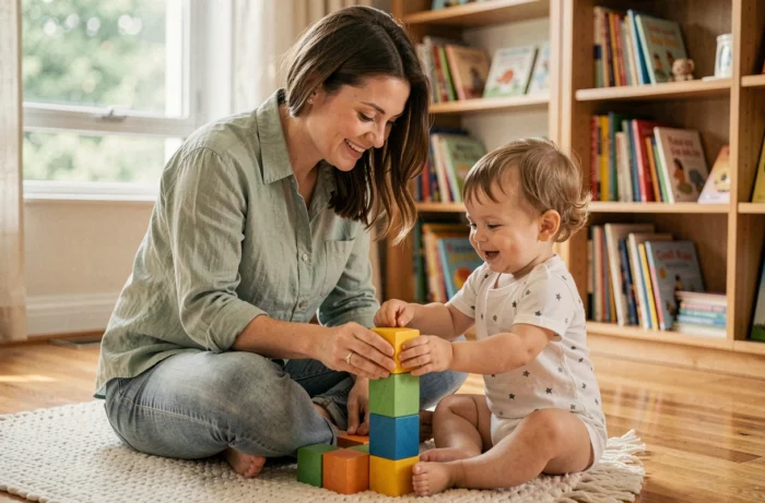 Mère et enfant en bas âge jouant ensemble avec des cubes en bois sur le sol d'un salon chaleureux, favorisant le développement cognitif et le lien affectif