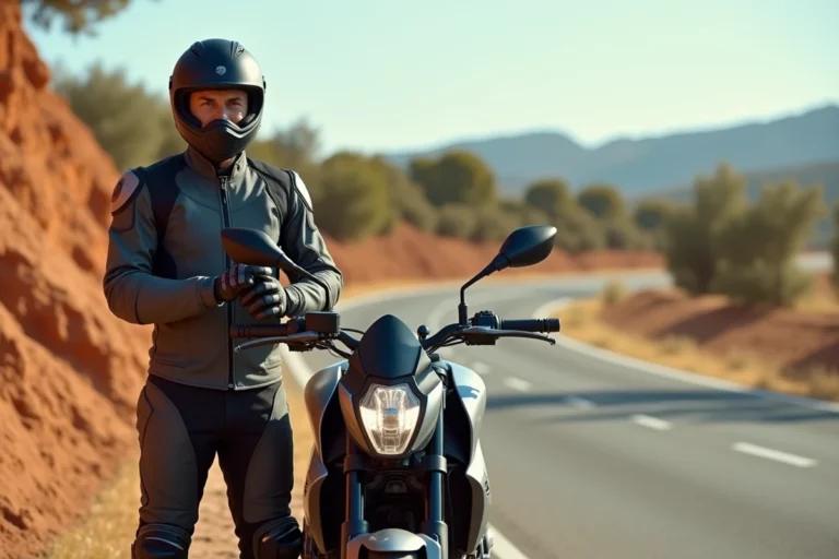 Motard équipé d'un casque homologué et d'une veste de protection en bord de route espagnole
