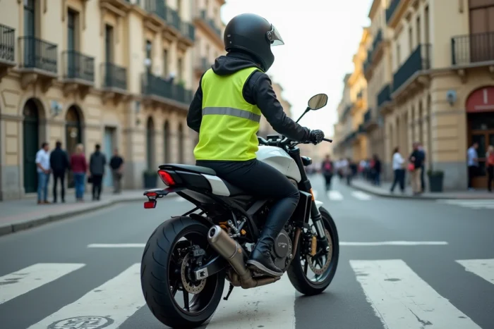 Motarde portant un gilet réfléchissant et un casque intégral dans une rue espagnole