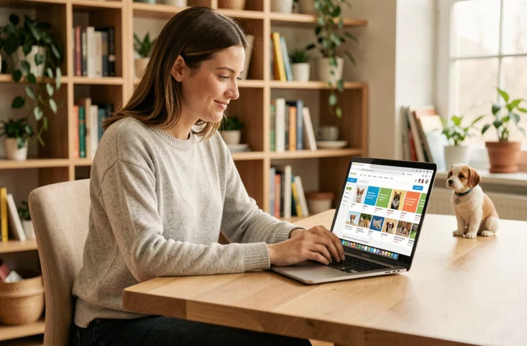 Femme naviguant sur le site Chabadog depuis un bureau à domicile, explorant la structure des menus et catégories du site pour chiens