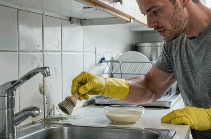 Une personne nettoie les joints encrassés d'un carrelage de cuisine avec une brosse et un produit nettoyant