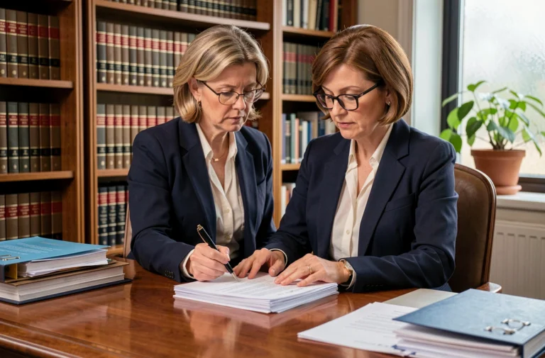 Notaire femme examinant des documents de pré-état daté pour une vente d'appartement dans un bureau professionnel