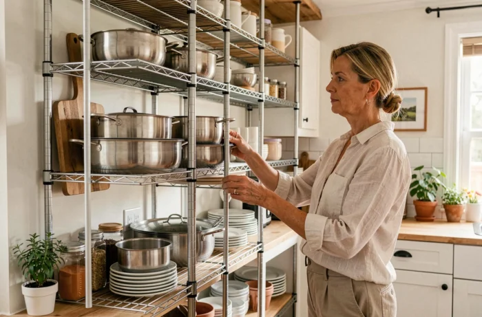 Une femme optimise le rangement vertical dans sa cuisine en installant des étagères empilables sur les murs