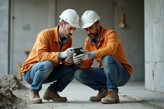 Deux ouvriers du bâtiment consultant une application de suivi de chantier sur smartphone ensemble
