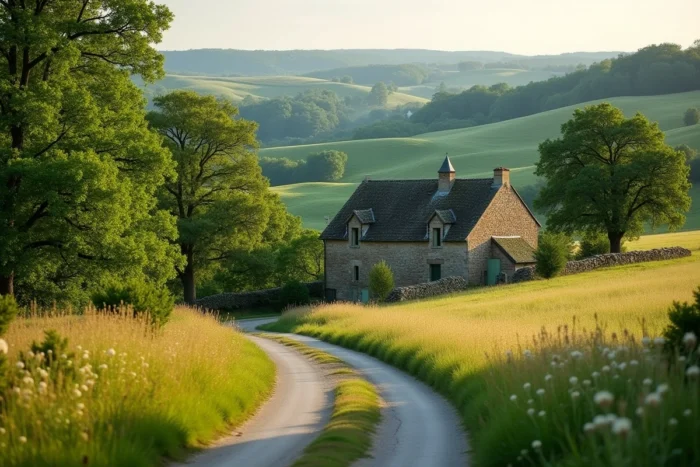 Paysage rural authentique en Corrèze avec ferme en pierre et collines verdoyantes, région de Segonzac