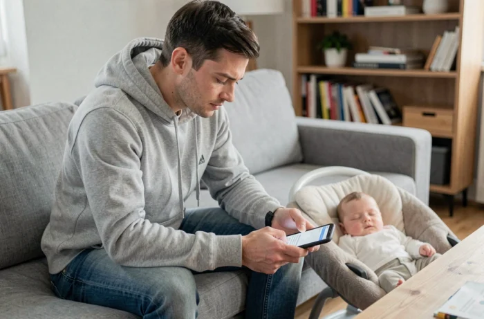 Père envoyant un message de contact à Pause Bébé depuis son smartphone à côté de son bébé endormi