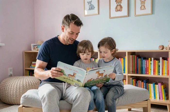 Père lisant un livre illustré à ses deux jeunes enfants dans une chambre colorée, soutenant le développement du langage et le bien-être émotionnel des enfants
