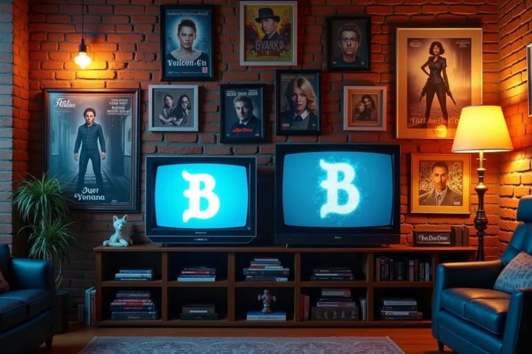 Mur de télévision rempli d'affiches de personnages de séries cultes commençant par la lettre B