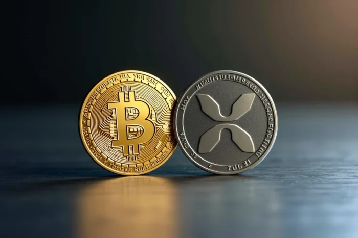 Pièces physiques symbolisant Bitcoin et Ripple XRP côte à côte sur une surface en aluminium brossé