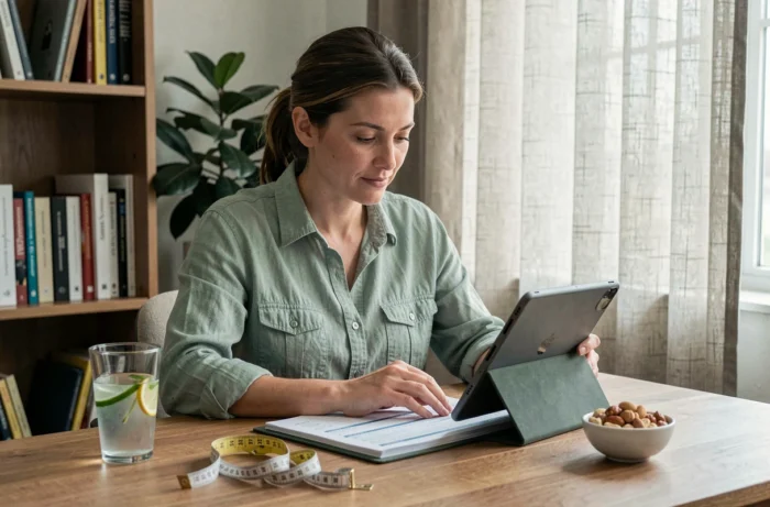 Femme consultant un plan nutritionnel personnalisé sur tablette pour une gestion du poids durable à domicile