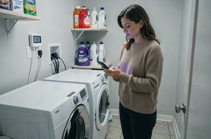 Une femme programme un minuteur connecté pour faire fonctionner ses appareils énergivores en heures creuses
