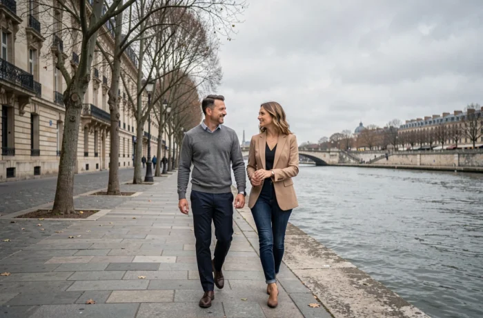 Homme et femme se promenant discrètement au bord de la Seine à Paris, évoquant la relation complice entre Olivier Bossard et Alicia Dauby