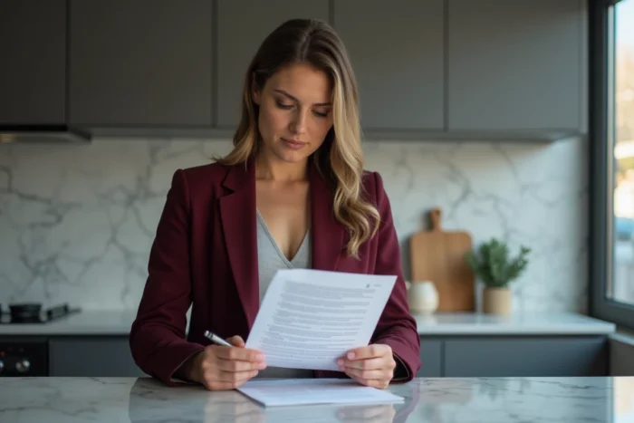Propriétaire immobilière lisant un document juridique relatif au code civil dans un appartement moderne