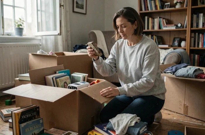 Une femme trie et purge des objets inutilisés dans des cartons lors d'un rangement saisonnier