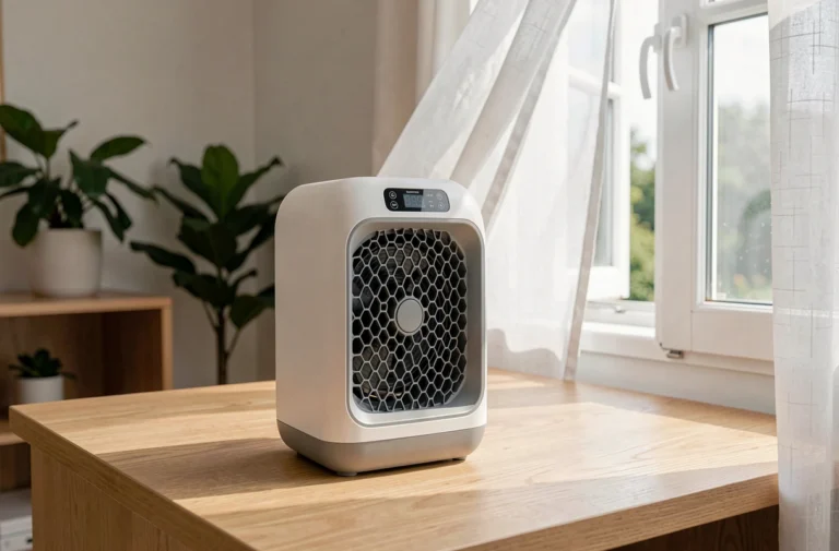 Rafraîchisseur d'air Klarstein Maxfresh posé sur un bureau en bois près d'une fenêtre ouverte avec des rideaux blancs