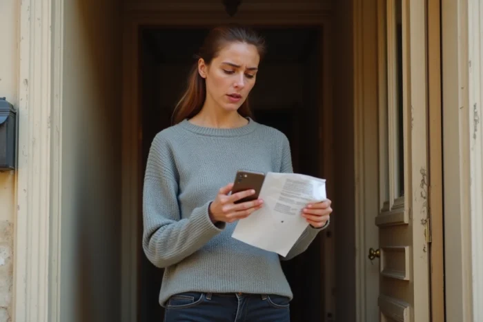 Femme tenant un avis de passage UPS devant sa porte d'appartement à Paris, prête à faire une réclamation de livraison