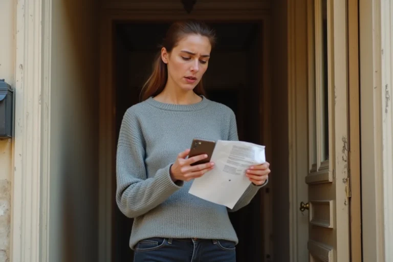 Femme tenant un avis de passage UPS devant sa porte d'appartement à Paris, prête à faire une réclamation de livraison